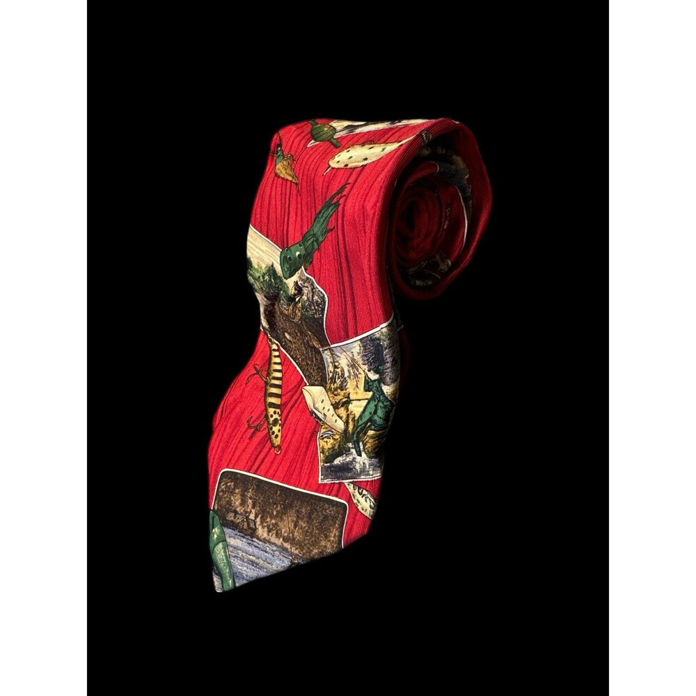Eddie‎ Bauer Silk Tie red Hand Printed In Italy Outdoor Fishing Fish Hook USA